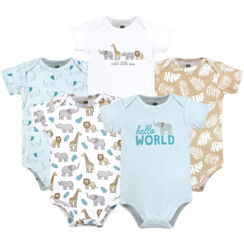 Hudson Baby Cotton Bodysuits 5-Pack, Hello World Safari