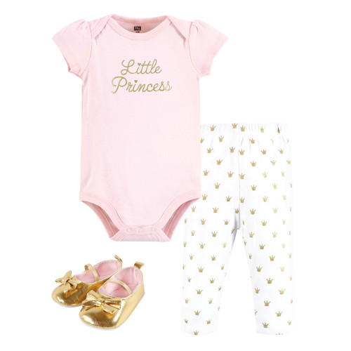 Hudson Baby Cotton Bodysuit, Pant and Shoe Set, Gold Little Princess