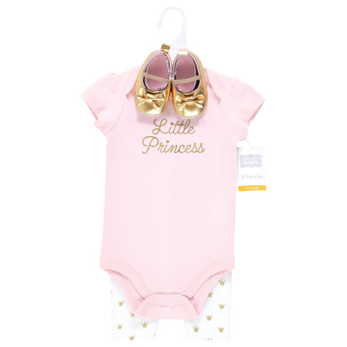 Hudson Baby Cotton Bodysuit, Pant and Shoe Set, Gold Little Princess