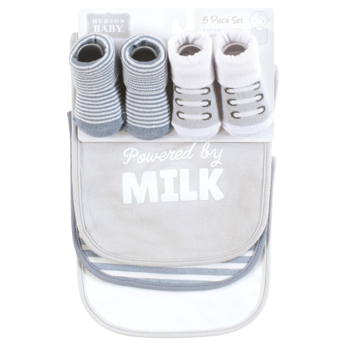 Hudson Baby Cotton Bib and Sock Set, Powered By Milk