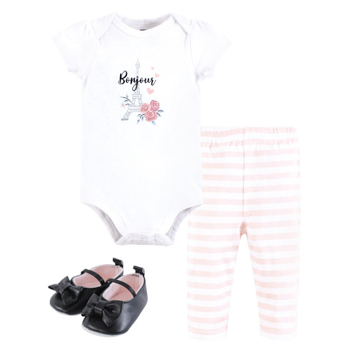 Hudson Baby Cotton Bodysuit, Pant and Shoe Set, Bonjour Paris