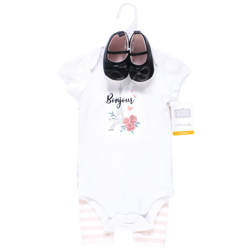 Hudson Baby Cotton Bodysuit, Pant and Shoe Set, Bonjour Paris