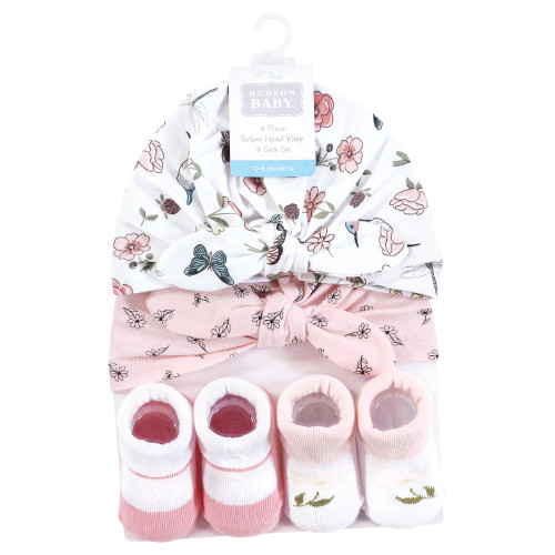 Hudson Baby Turban and Socks Set, Hummingbird Garden