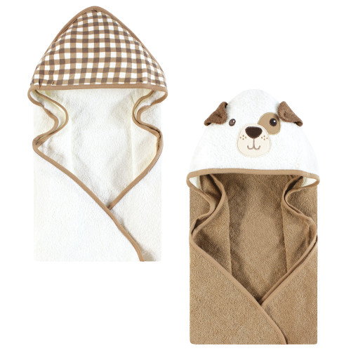 Hudson Baby Cotton Animal Face Hooded Towel, Brown Gingham Puppy