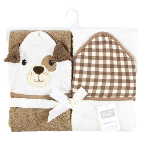 Hudson Baby Cotton Animal Face Hooded Towel, Brown Gingham Puppy