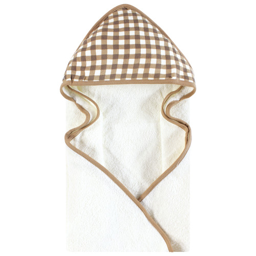 Hudson Baby Cotton Animal Face Hooded Towel, Brown Gingham Puppy