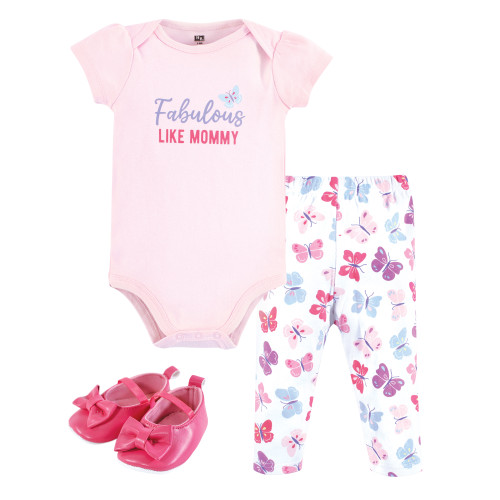 Hudson Baby Cotton Bodysuit, Pant and Shoe Set, Fabulous Butterfly