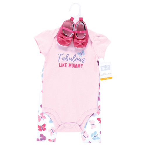 Hudson Baby Cotton Bodysuit, Pant and Shoe Set, Fabulous Butterfly