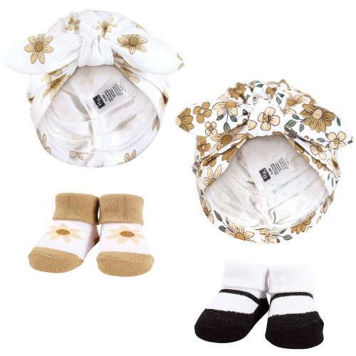 Hudson Baby Turban and Socks Set, Golden Daisy Outline