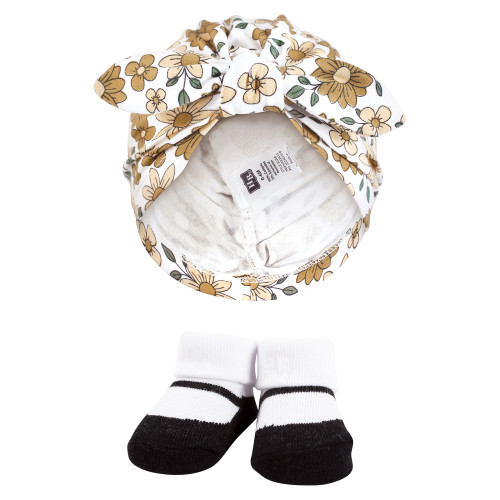 Hudson Baby Turban and Socks Set, Golden Daisy Outline