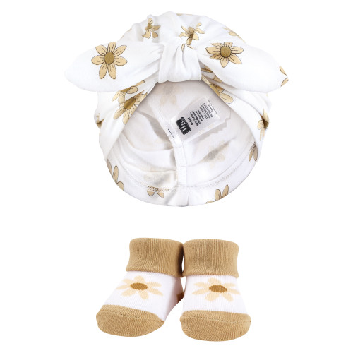 Hudson Baby Turban and Socks Set, Golden Daisy Outline
