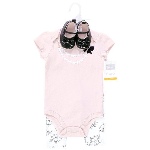 Hudson Baby Cotton Bodysuit, Pant and Shoe Set, Pink Black Necklace