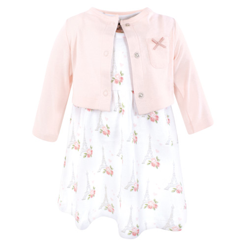 Hudson Baby Cotton Dress and Cardigan Set, Bonjour Paris