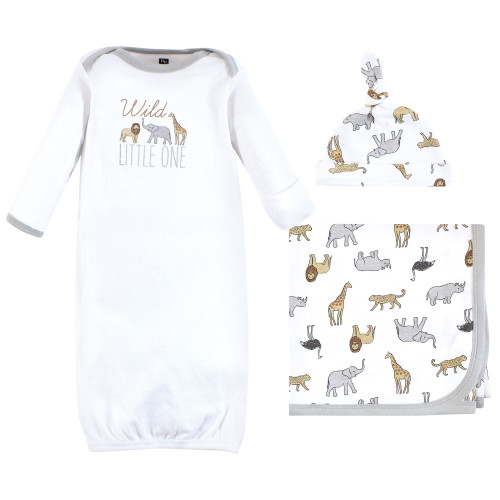 Hudson Baby Gown, Swaddle Blanket and Cap or Headband, Modern Neutral Safari