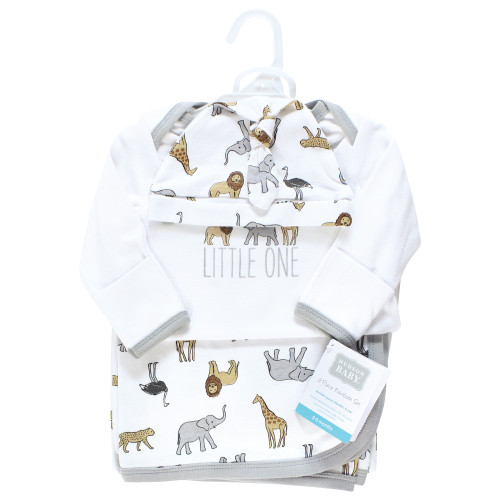 Hudson Baby Gown, Swaddle Blanket and Cap or Headband, Modern Neutral Safari