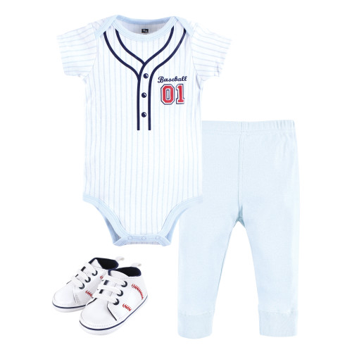 Hudson Baby Cotton Bodysuit, Pant and Shoe Set, Lt Blue Baseball