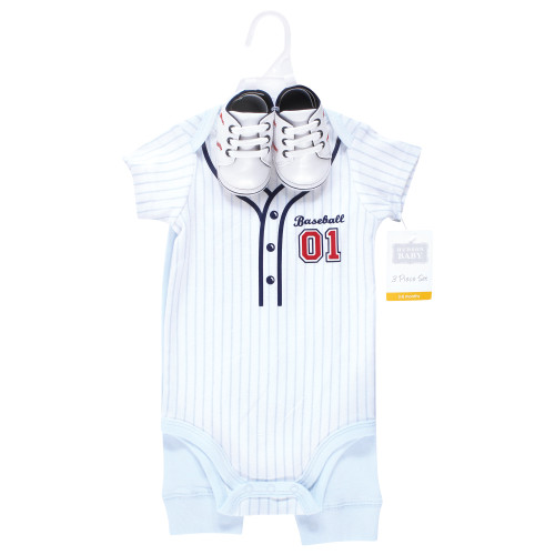Hudson Baby Cotton Bodysuit, Pant and Shoe Set, Lt Blue Baseball
