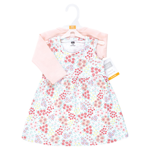 Hudson Baby Cotton Dress and Cardigan Set, Bright Pink Flower Field