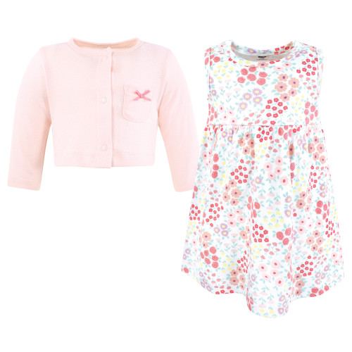 Hudson Baby Cotton Dress and Cardigan Set, Bright Pink Flower Field