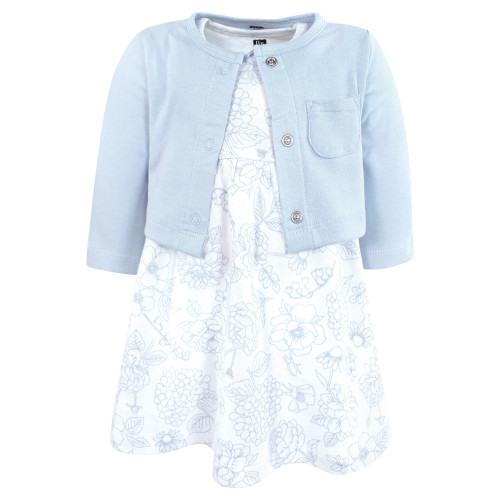 Hudson Baby Cotton Dress and Cardigan Set, Baby Blue Blossom