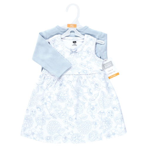 Hudson Baby Cotton Dress and Cardigan Set, Baby Blue Blossom