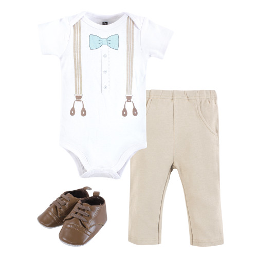 Hudson Baby Cotton Bodysuit, Pant and Shoe Set, Taupe Mint Suspender