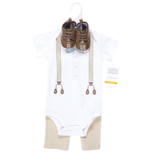 Hudson Baby Cotton Bodysuit, Pant and Shoe Set, Taupe Mint Suspender