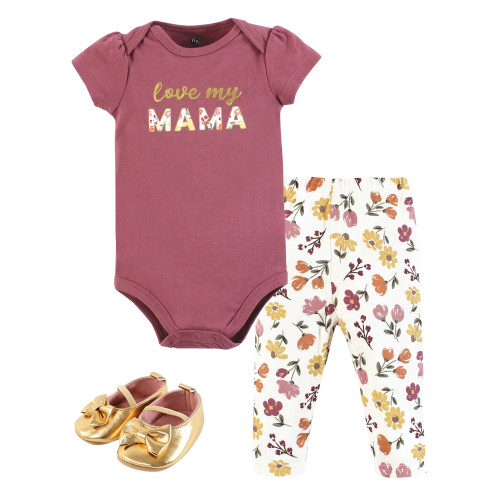 Hudson Baby Cotton Bodysuit, Pant and Shoe Set, Mama Autumn Floral