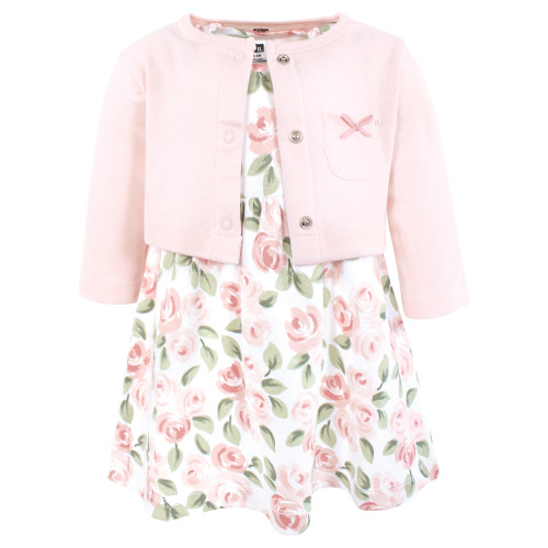 Hudson Baby Cotton Dress and Cardigan Set, Blush Pink Floral