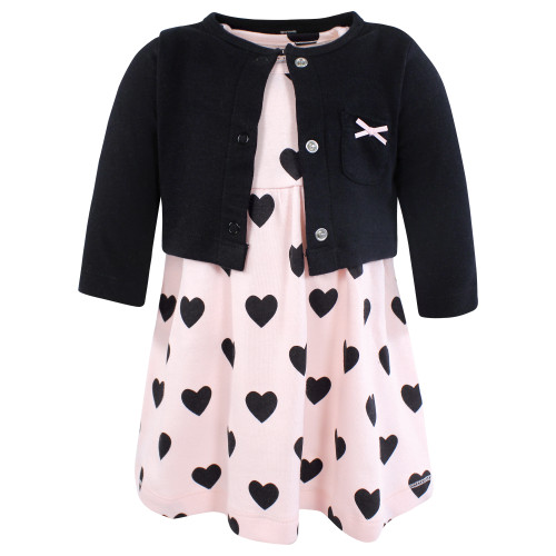 Hudson Baby Cotton Dress and Cardigan Set, Pink Black Heart