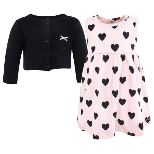 Hudson Baby Cotton Dress and Cardigan Set, Pink Black Heart