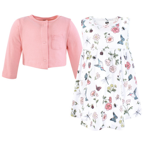 Hudson Baby Cotton Dress and Cardigan Set, Hummingbird Garden