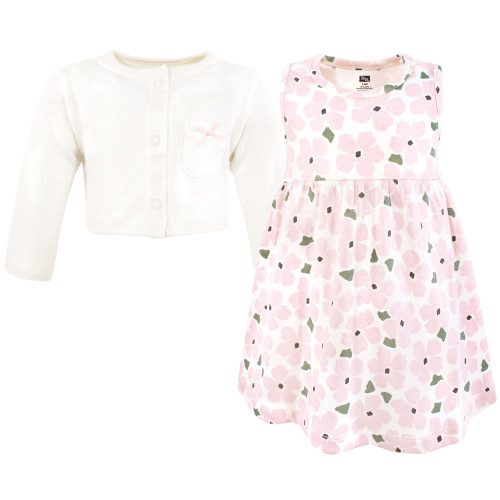 Hudson Baby Cotton Dress and Cardigan Set, Pink Sage Floral