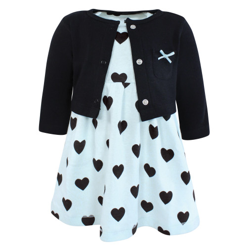 Hudson Baby Cotton Dress and Cardigan Set, Mint Black Heart