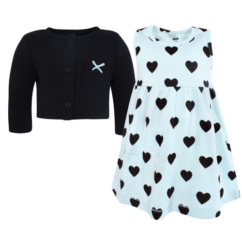 Hudson Baby Cotton Dress and Cardigan Set, Mint Black Heart