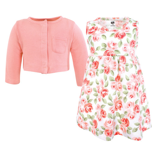Hudson Baby Cotton Dress and Cardigan Set, Coral Floral