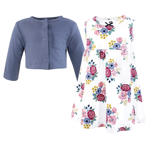 Hudson Baby Cotton Dress and Cardigan Set, Blush Navy Floral