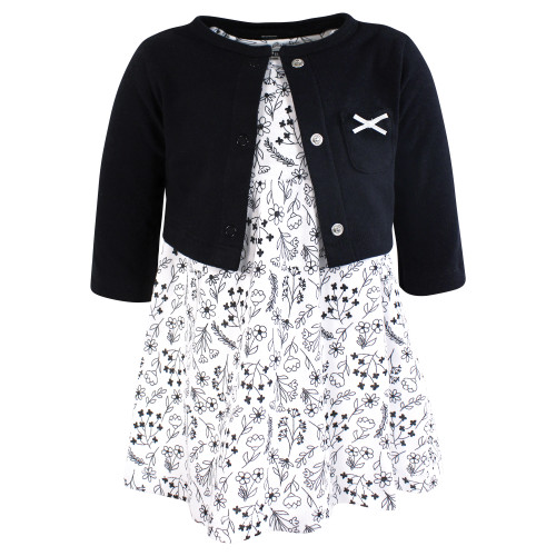 Hudson Baby Cotton Dress and Cardigan Set, Black White Flowers
