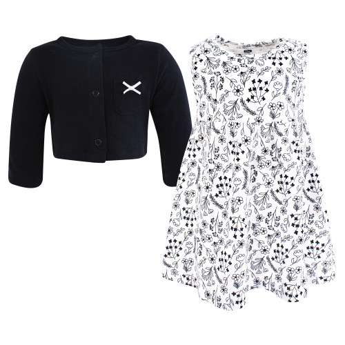 Hudson Baby Cotton Dress and Cardigan Set, Black White Flowers