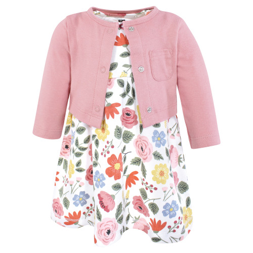 Hudson Baby Cotton Dress and Cardigan Set, Mauve Modern Botanical