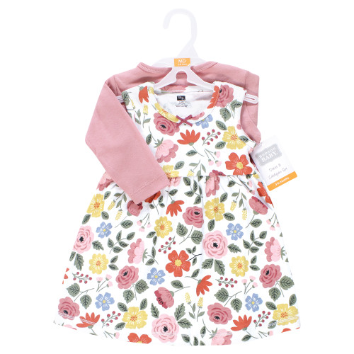 Hudson Baby Cotton Dress and Cardigan Set, Mauve Modern Botanical