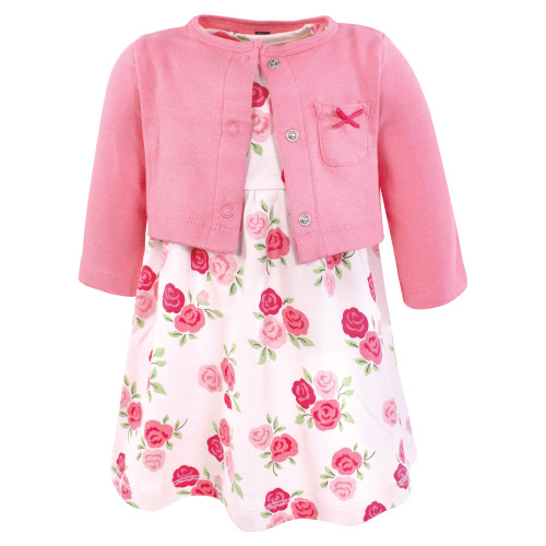 Hudson Baby Cotton Dress and Cardigan Set, Bright Pink Rose