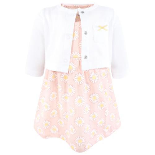 Hudson Baby Cotton Dress and Cardigan Set, Pink Daisy