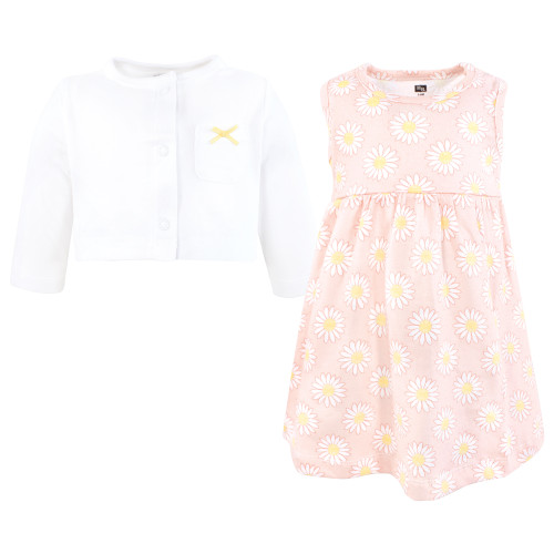 Hudson Baby Cotton Dress and Cardigan Set, Pink Daisy