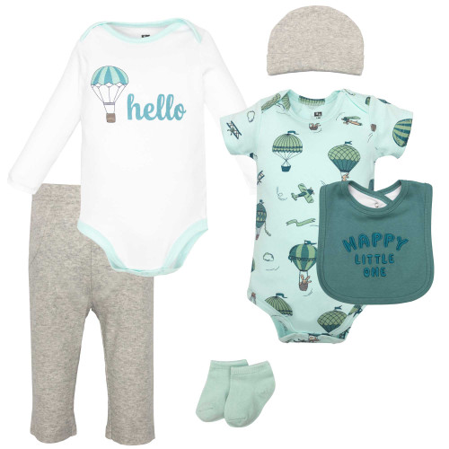 Hudson Baby Cotton Layette Set, Teal Hot Air Balloon