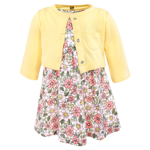 Hudson Baby Cotton Dress and Cardigan Set, Pink Yellow Pretty Floral