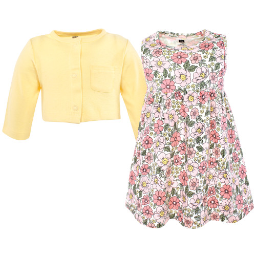 Hudson Baby Cotton Dress and Cardigan Set, Pink Yellow Pretty Floral