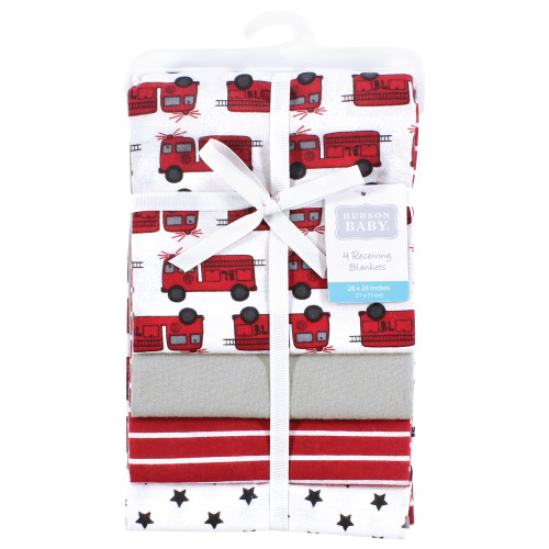 Hudson Baby Cotton Flannel Receiving Blankets, Fire Truck 4-Pack