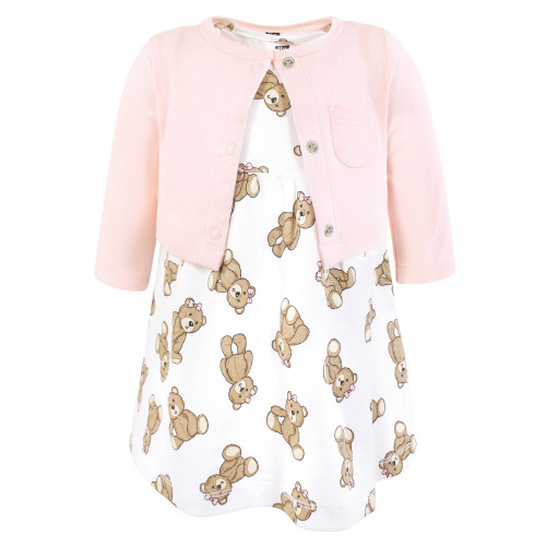 Hudson Baby Cotton Dress and Cardigan Set, Pink Teddy Bears