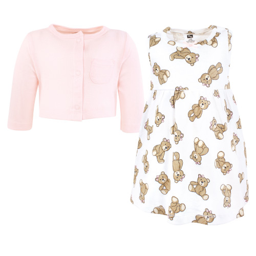 Hudson Baby Cotton Dress and Cardigan Set, Pink Teddy Bears